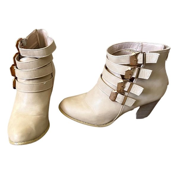 Natalie | Tan Wedge Heel Booties With Buckles | Size 10 - Picture 2 of 5